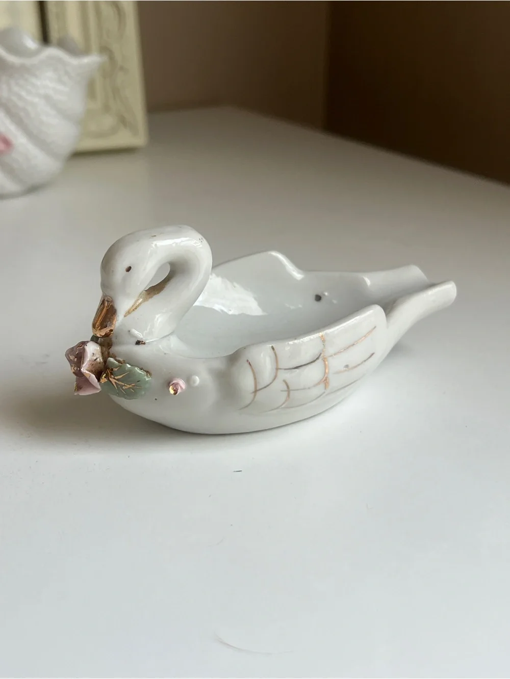 Vintage Porcelain Swan Ring Dish with Gold and Pink Accents